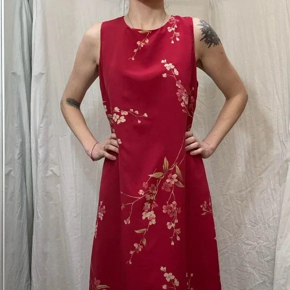 Silk Red Floral Midi Dress Vintage Jones New York Medium - Picture 2 of 8